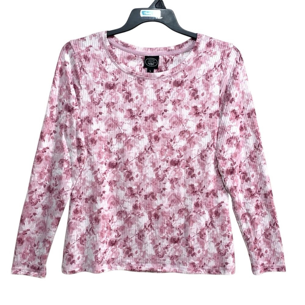 Laura Ashley Top Womens Size Large Ivory Pink Floral Long Sleeve Ribbed Knit
